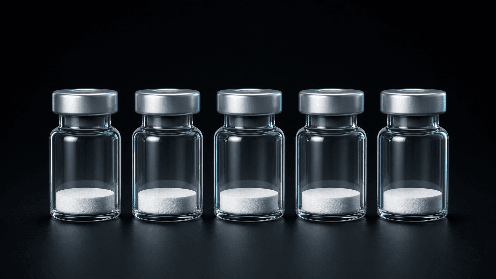 Illustrative render of research-compound vials; not a photograph of inventory